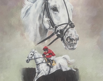 Horse Racing Art Print "A Study of Grey Dawning " A Portrait of the steeplechaser Grey Dawning