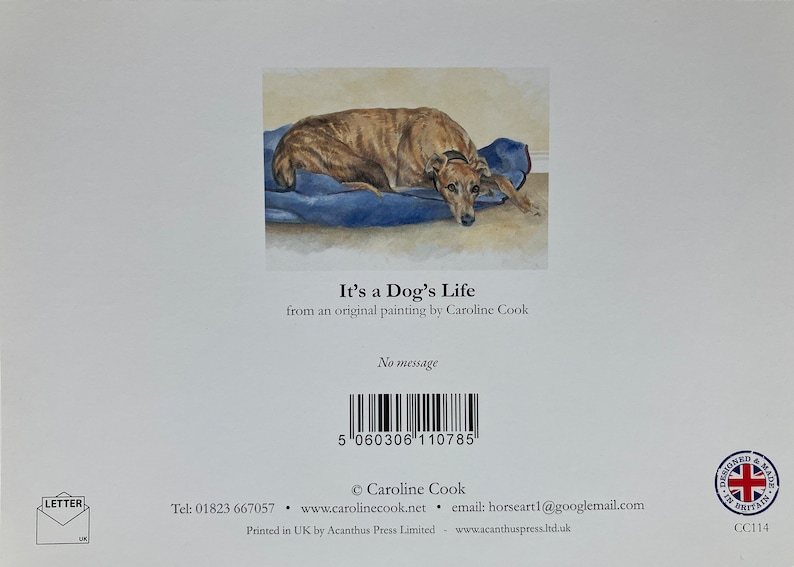 May include: A watercolor painting of a brown and white dog lying on a blue bed. The painting is titled "It's a Dog's Life" and is by Caroline Cook.
