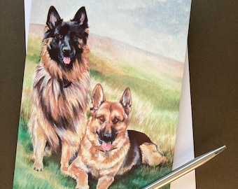 Dog Art Greeting Card "German Shepherds" Birthday card with two German Shepherd dog