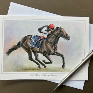 Kunstkarte Pferderennen - Frankie Dettori and Golden Horn.  Blanko Karte für Pferdefans