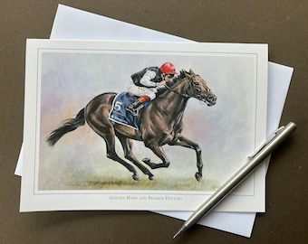 Horse Racing Art Card - Frankie Dettori and Golden Horn.  Blank card for horse racing fan