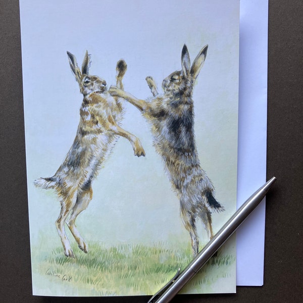 Brown Hare Art Card "Spring Madness" Blank Greeting card with hares