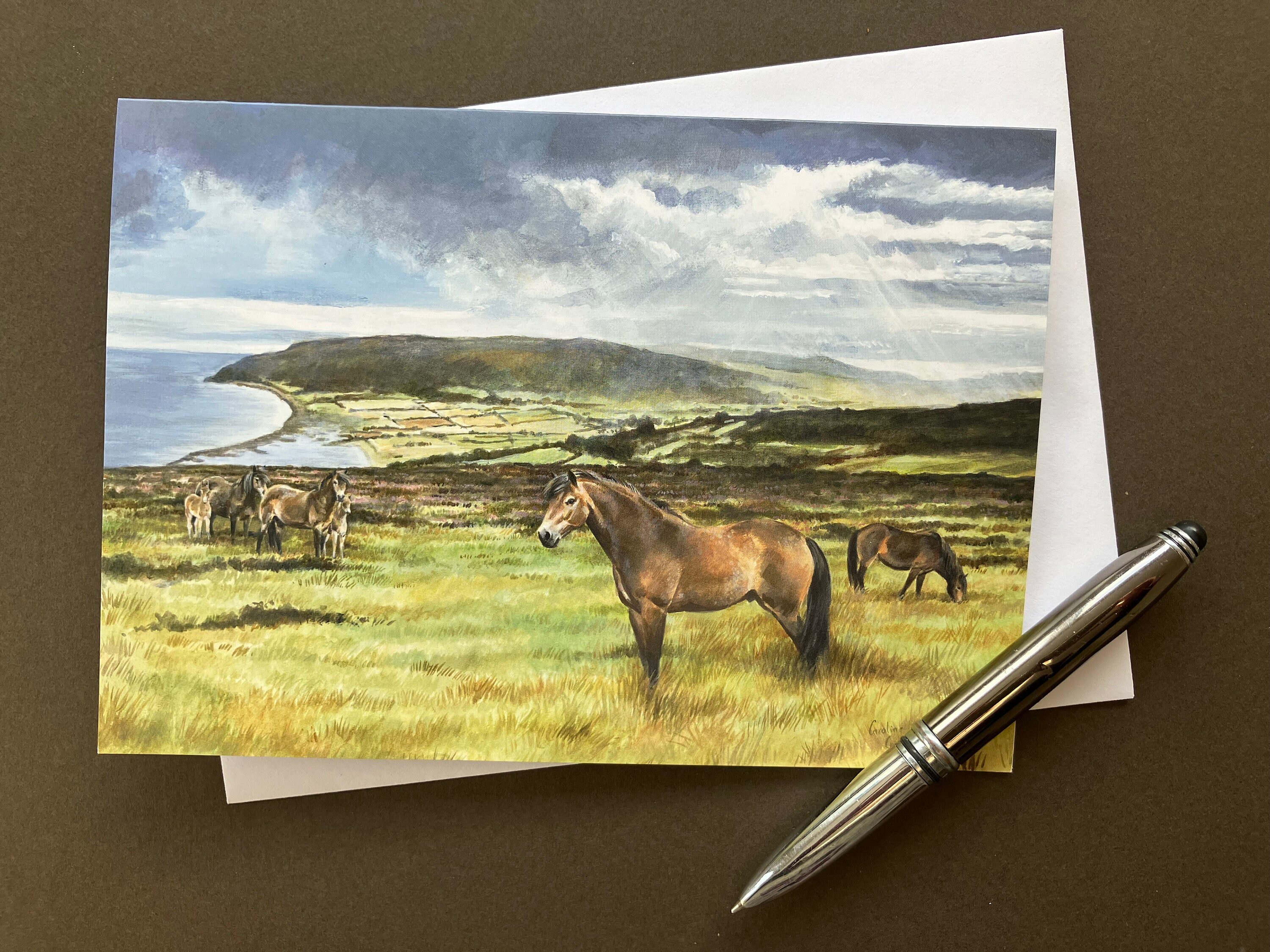 Exmoor Ponies at Porlock Greeting Card. Blank Card With Exmoor Landscape