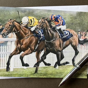 Carte de voeux d'art de course de chevaux.  Big Orange et l'Ordre de Saint-Georges à Royal Ascot.