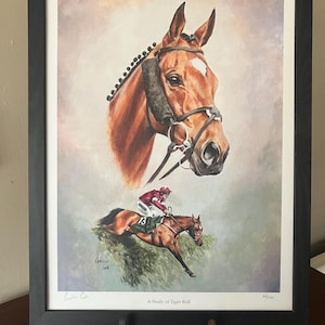 Peut inclure: Une estampe encadrée d'un cheval, Tiger Roll, dans un style aquarelle. L'estampe présente un gros plan de la tête du cheval et une représentation du cheval sautant un obstacle avec un jockey sur son dos. L'estampe est signée par l'artiste, Gavin Cook, et intitulée "A Study of Tiger Roll".
