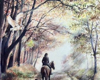 Barn Owl - Equestrian Art Print - Enchanted Evening. Limited Edition print with a girl riding in the woods with her dog