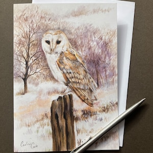 Kerkuilkaart "Keruil in de winter" Kerkuil op een besneeuwde avond