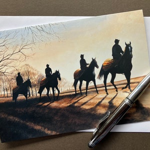 Carte artistique de courses de chevaux « Dawn Riders » Carte de voeux vierge avec des chevaux