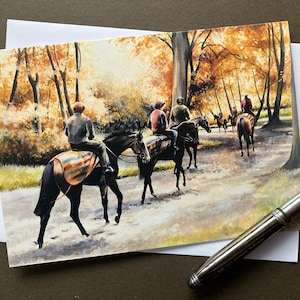 Carte de voeux artistique de courses de chevaux « String of Gold » Carte d'anniversaire avec chevaux de course