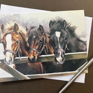 Pferdekunst Postkarte - Over the Gate. Weihnachtskarte/Blankokarte mit Poines für Pferdeliebhaber
