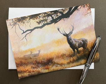 Red Deer Stag Art Card "Morning Glory" Blank Card withThree Red Deer