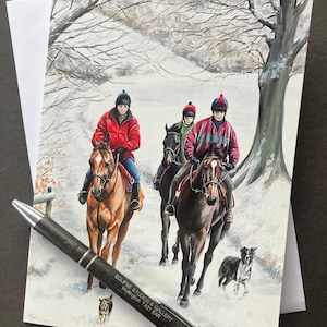 Carte de voeux art cheval - balade hivernale. Carte de Noël ou d'anniversaire idéale pour un amoureux des chevaux