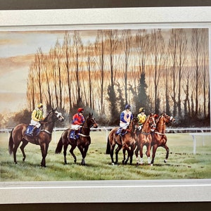 Impression d&#39;art de courses de chevaux « Fading Light at Fontwell » image cheval monté