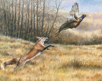 Fox and Pheasant Limited Edition Print &quot;A Near Miss&quot; Wildlife Picture