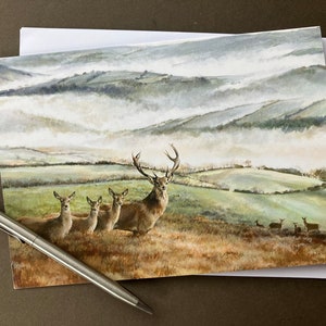 Carte d'anniversaire cerf « First Light Exmoor » avec un cerf dans un paysage d'Exmoor