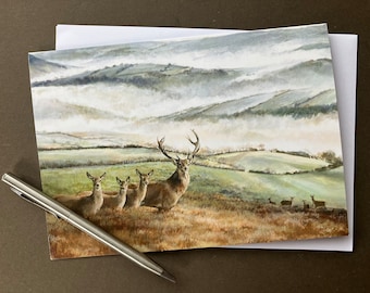 Red Deer Stag Art Card "First Light Exmoor" Birthday card with deer in an Exmoor Landscape