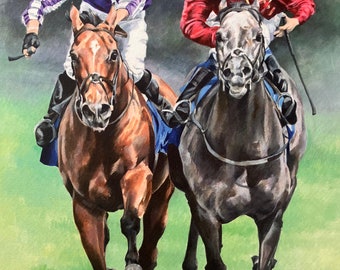 May include: A watercolor painting of two horses racing. The horse on the left is brown and the horse on the right is gray. Both horses are wearing bridles and are being ridden by jockeys in colorful silks.