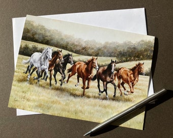 Horse Art Greeting Card "Galloping Free" Equestrian Blank Card with galloping horses