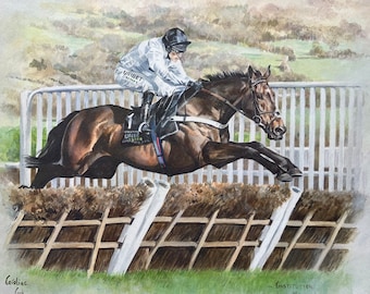 May include: A watercolor painting of a brown horse jumping over a fence with a jockey wearing a white and black racing uniform. The horse is in mid-air, its legs extended, and the jockey is leaning forward. The background is a blurry landscape of green hills and trees. The painting is signed "Caroline Cook" in the lower left corner and "Constitution Hill" in the lower right corner.