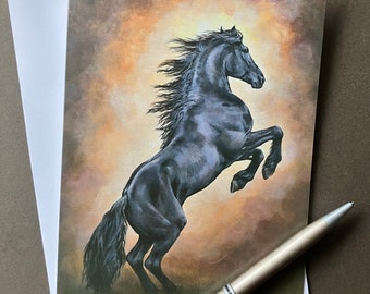 Black Horse Art Greeting Card "Dark Glory" A magnificent rearing Friesian horse
