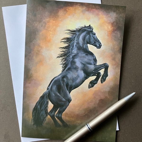 Carte de voeux art cheval noir « Dark Glory » Un magnifique cheval frison cabré