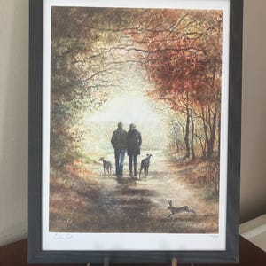 Greyhound Lurcher Art Print - A Hare&#39;s Breadth.  Fine Art Limited Edition print with a couple walkng two sighthounds in an autumnal scene
