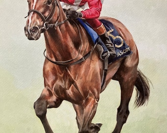 May include: A watercolor painting of a brown horse with a white star on its forehead, running with a jockey wearing a red and white racing uniform and a blue helmet. The horse is wearing a blue saddle blanket with the number 5 and the word "ASCOT" on it. The painting is signed "INSPIRAL" and "Caroline Cook" in the bottom corners.