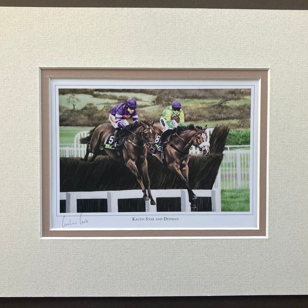 Horse Racing Art Print - Kauto Star and Denman. Small mounted print of The Cheltenham Gold Cup winners