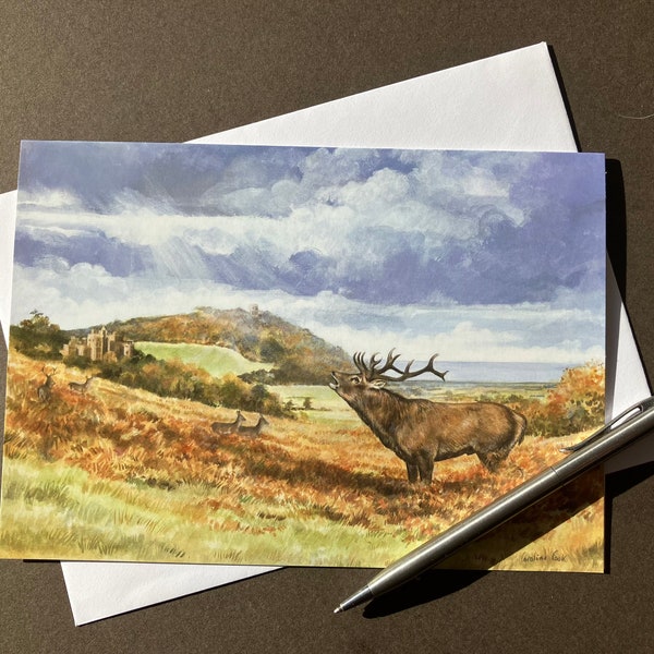 Red Deer Stag Art Card "The Challenge" Red Deer at Dunster, Exmoor