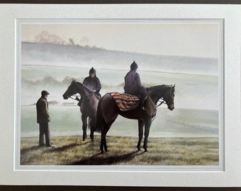 Horse Racing Art Print "Lambourn Mist" Mounted Horse Picture