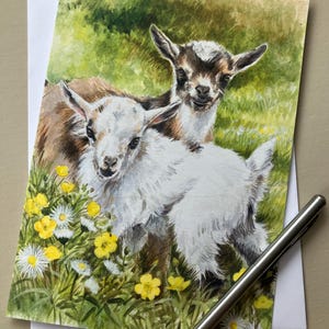 &quot;Ziegen Kunst Grußkarte &quot;&quot;Double Trouble&quot;&quot; Geburtstagskarte mit Zwergziegenbabys.&quot;