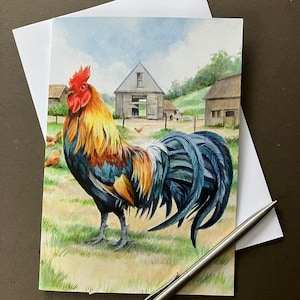 Carte d'art coq/coq. carte vierge avec basse-cour et poulets