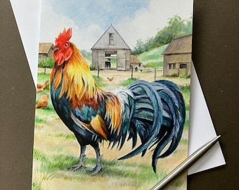 Rooster/Cockerel Art Card. blank card with farmyard and chickens