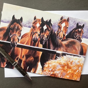 Kunstkarte Pferd - Jährlinge im Smow . Weihnachtskarte mit Pferden für Pferdeliebhaber