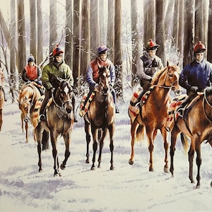 Pferderennen-Kunstdruck „Heading Home“ Rennpferde trainieren im Schnee
