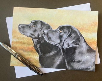 Black Labrador Retriever Greeting Card "Watching the Birdie" Birthday card for dog lover with two black Labs