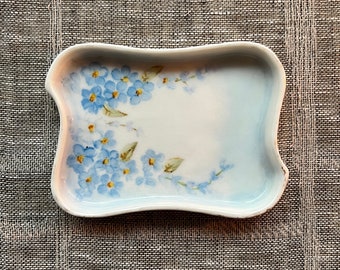 Blue Heirloom Forget Me Not Floral Antique Bavarian Porcelain Miniature Trinket Dish Display