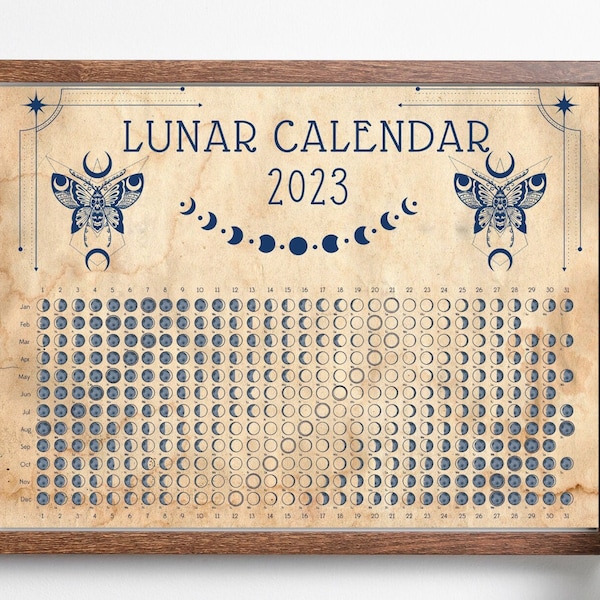 LUNAR CALENDAR 2023, Wicca Witch Moon Phase Calendar, Pagan Calendar 2023, Lunar Cycle Calendar Chart, Printable