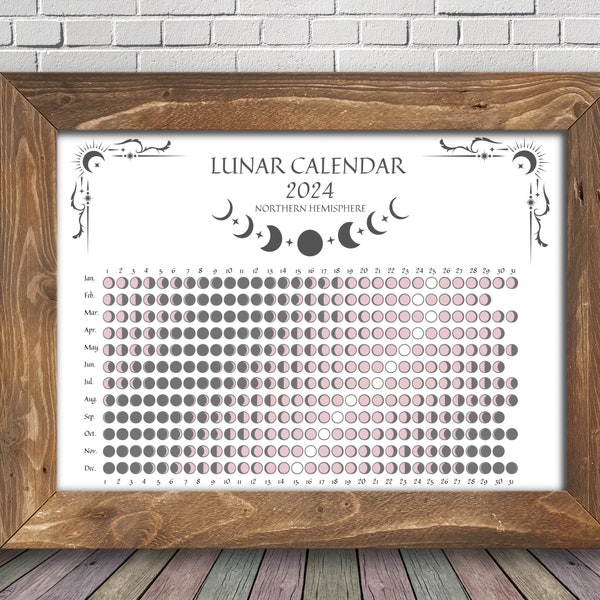 LUNAR CALENDAR 2024, Wicca Witch Moon Phase Calendar, Pagan Calendar 2024, Lunar Cycle Calendar Chart, Printable