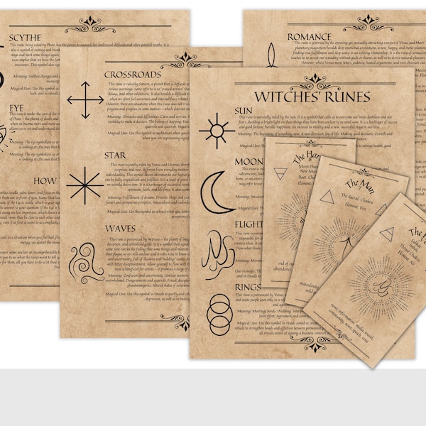 Paquete de runas de brujas, significados de runas de brujas mágicas, páginas de grimorio imprimibles + tarjetas de brujas de runas - 13 cartas