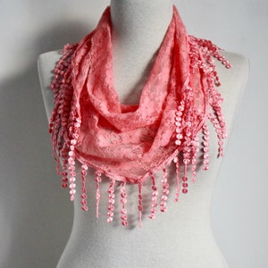 Salmon Floral Lace Scarf - Floral Lace Scarf Shawl - Lace Scarf Shawl - Floral Hairband - Lace Headband - Floral Lace Scarf Headband