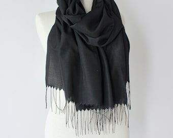Black Fringed Large  Shawl Wraps - Black Shawl - Black Wraps - Black Fringed Shawl - Black Wedding Shawl Wraps - Black Wraps Scarf Shawl