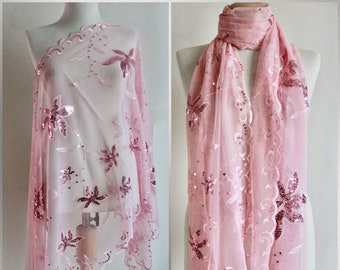 Floral Embroidered Lace Scarf - Pink Lace Scarf Shawl -PinkFloral Lace Scarf Shawl Pareo - Pink Pareo - Summer Shawl - Lace Scarves