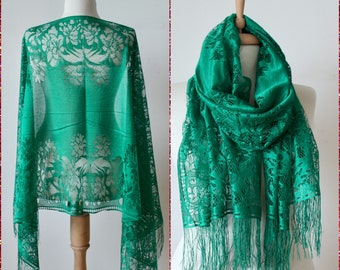 Bufanda de encaje verde - Mantón de bufanda de encaje - Mantón de bufanda con flecos de encaje verde - Banda de encaje para el pelo - Diadema de encaje - Bufanda con flecos - Mantón de bufanda verde