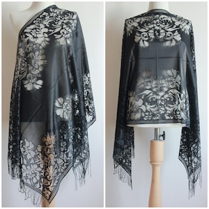 Black Lace Scarf - Rose Lace Scarf Shawl - Lace Scarf Shawl - Black Lace Hairband - Black Lace Headband - Lace Scarf - Fringed Shawl - Scarf