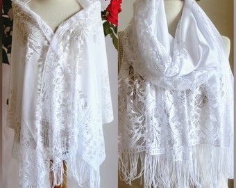 White Lace Shawl Scarf -Wedding Shawl - Bridesmaid Shawl -  White Tulle Lace Shawl - White Lace Scarf -  Lace Shawl - White Lace Wraps