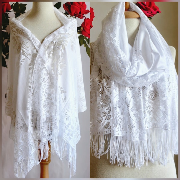 White Lace Shawl Scarf -Wedding Shawl - Bridesmaid Shawl -  White Tulle Lace Shawl - White Lace Scarf -  Lace Shawl - White Lace Wraps