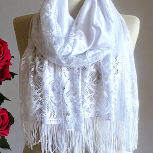 White Lace Shawl Scarf -Wedding Shawl - Bridesmaid Shawl -  White Tulle Lace Shawl - White Lace Scarf -  Lace Shawl - White Lace Wraps