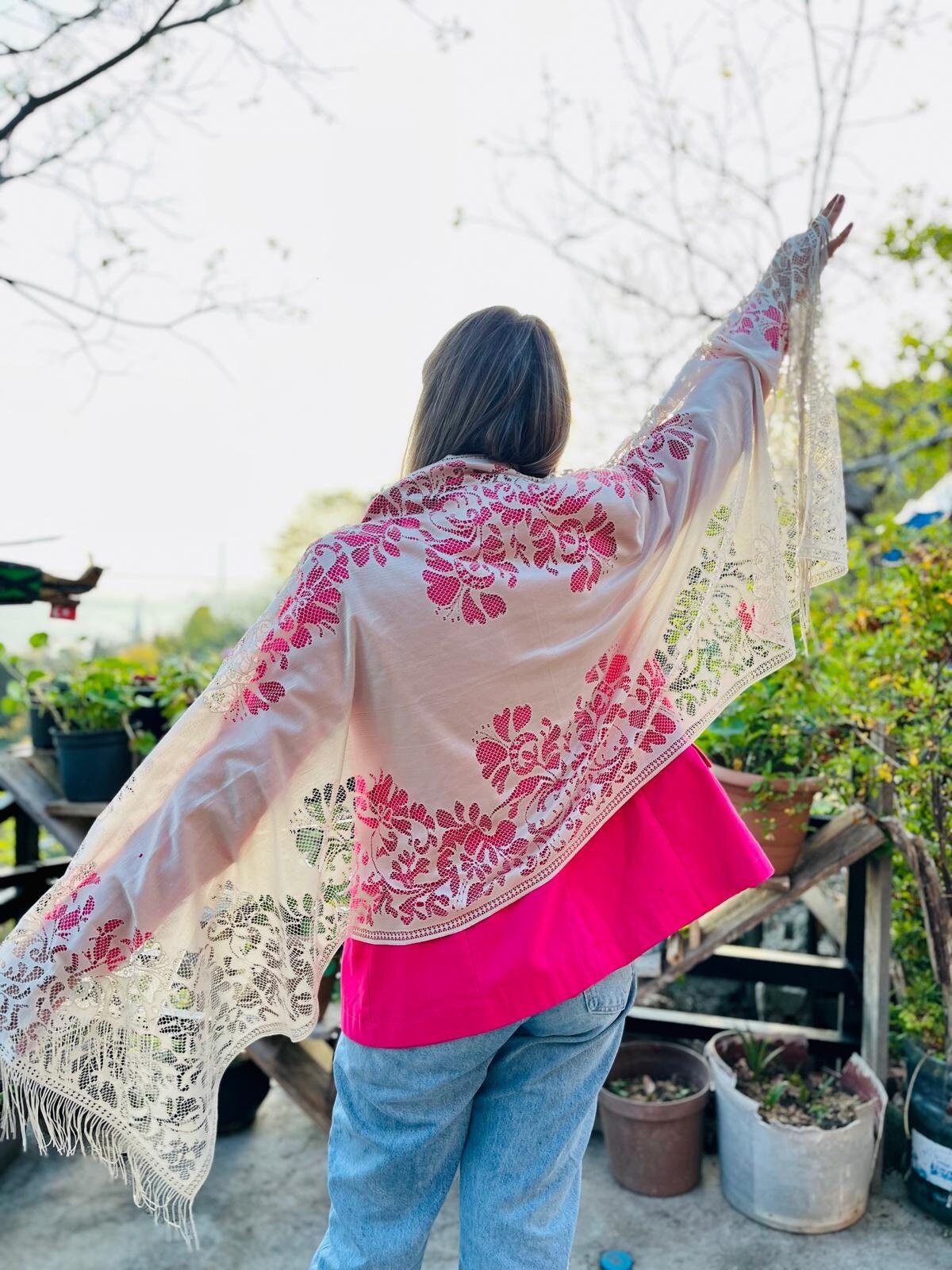 Beige Lace Tulle Shawl Scarf -tulle Floral Shawl - Beige Tulle