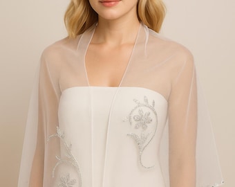 Elegant White Tulle Shawl with Silver Sequin Embroidery – Sheer - Silver Floral White Tulle Shawl Wraps - Summer Shawl - Lace White Shawl